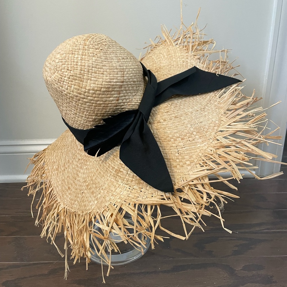 GIGI BURRIS MILLINERY ETE NATURAL feather grosgrain ribbon frayed straw hat - Picture 4 of 15